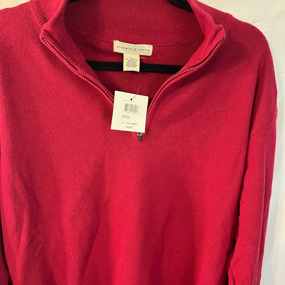 Men’s XXL quarter zip sweater. Red. 100% cotton. New with tags. Padded elbows